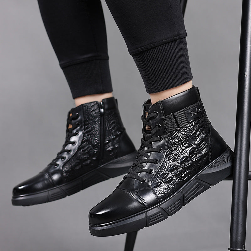 Men'S Versatile High-Top Boots, Featuring a Simple Lace-Up Design And Work Boot Style, with Slip-Resistant, Durable Thick Soles And Crocodile Texture Details, Suitable for Outdoor Travel And Daily Office Wear, Ideal for Use D