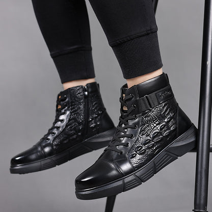 Men'S Versatile High-Top Boots, Featuring a Simple Lace-Up Design And Work Boot Style, with Slip-Resistant, Durable Thick Soles And Crocodile Texture Details, Suitable for Outdoor Travel And Daily Office Wear, Ideal for Use D