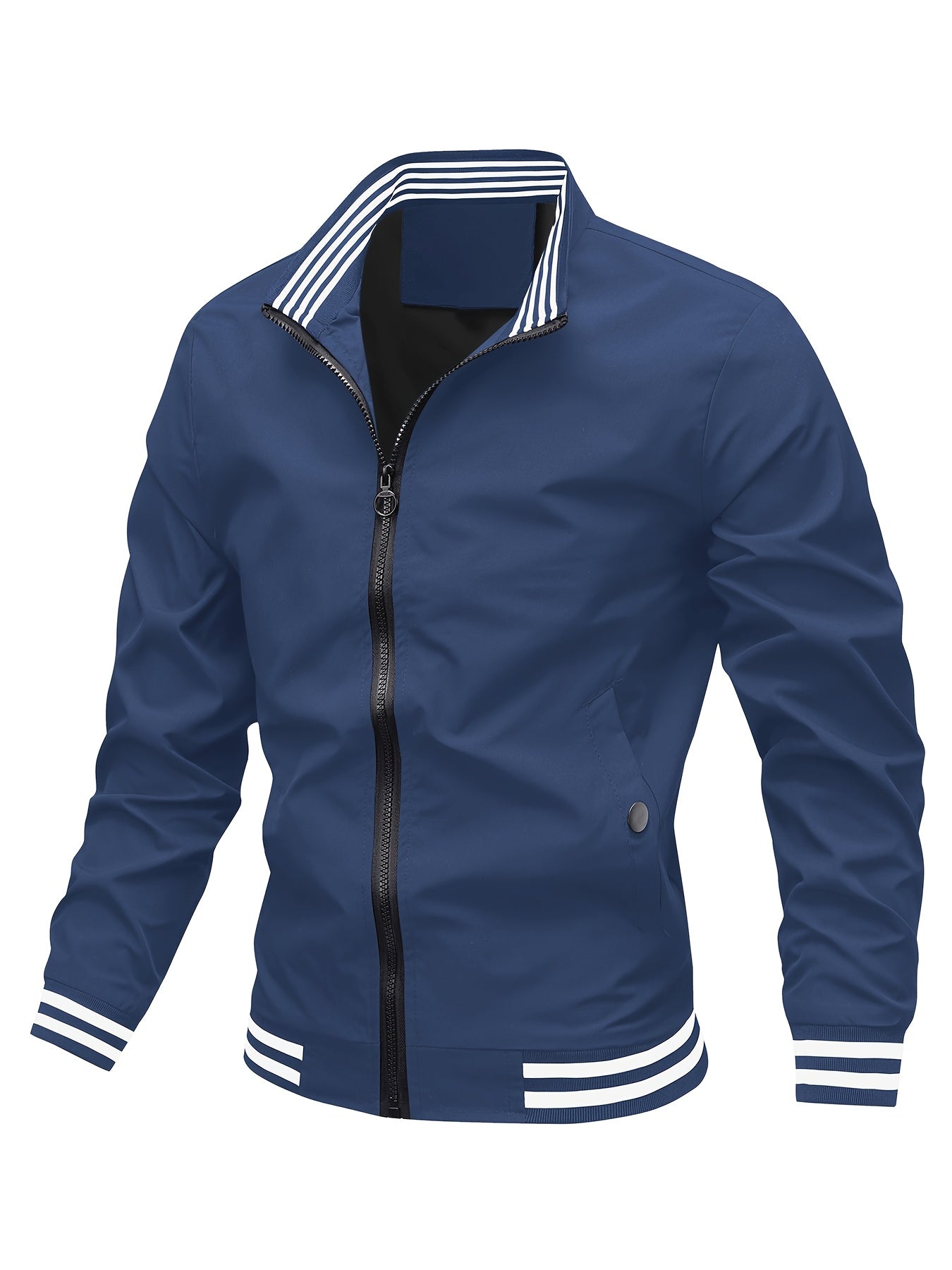 Men's Stand Collar Long Sleeve Zip Up Sports Jacket With Contrast Trim Design, Men's Spring Fall Outwear, As Gifts