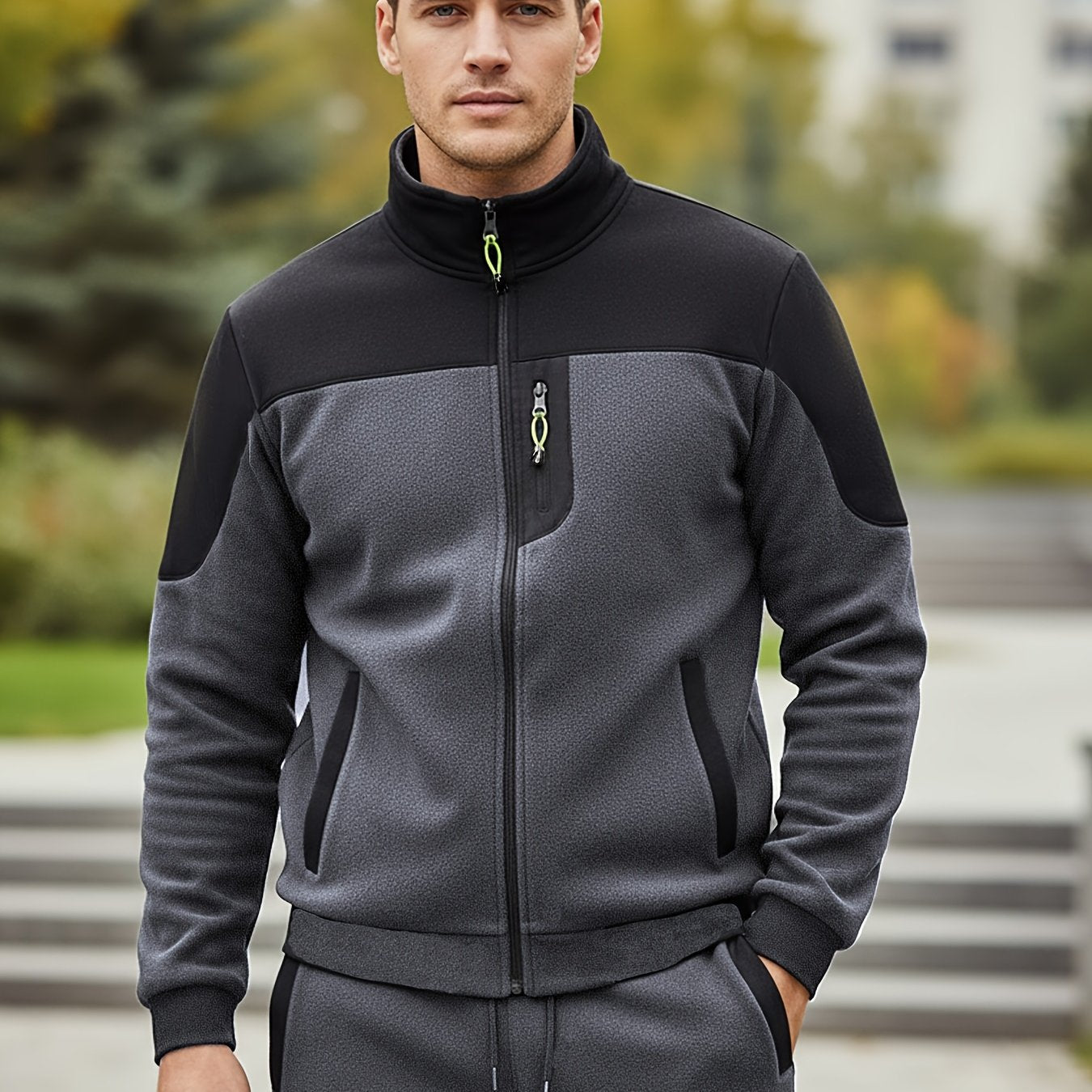 New Autumn And Winter Men'S Plush Zip-Up Color-Blocking Pocket Stand Collar Jacket And Long Pants Set, Stylish High Street Men'S Two-Piece Outfit