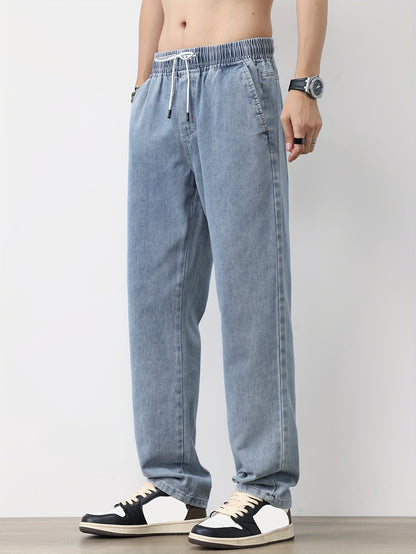 Men's Solid Washed Denim Trousers With Pockets, Causal Drawstring Cotton Blend Barrel Jeans For Outdoor Activities