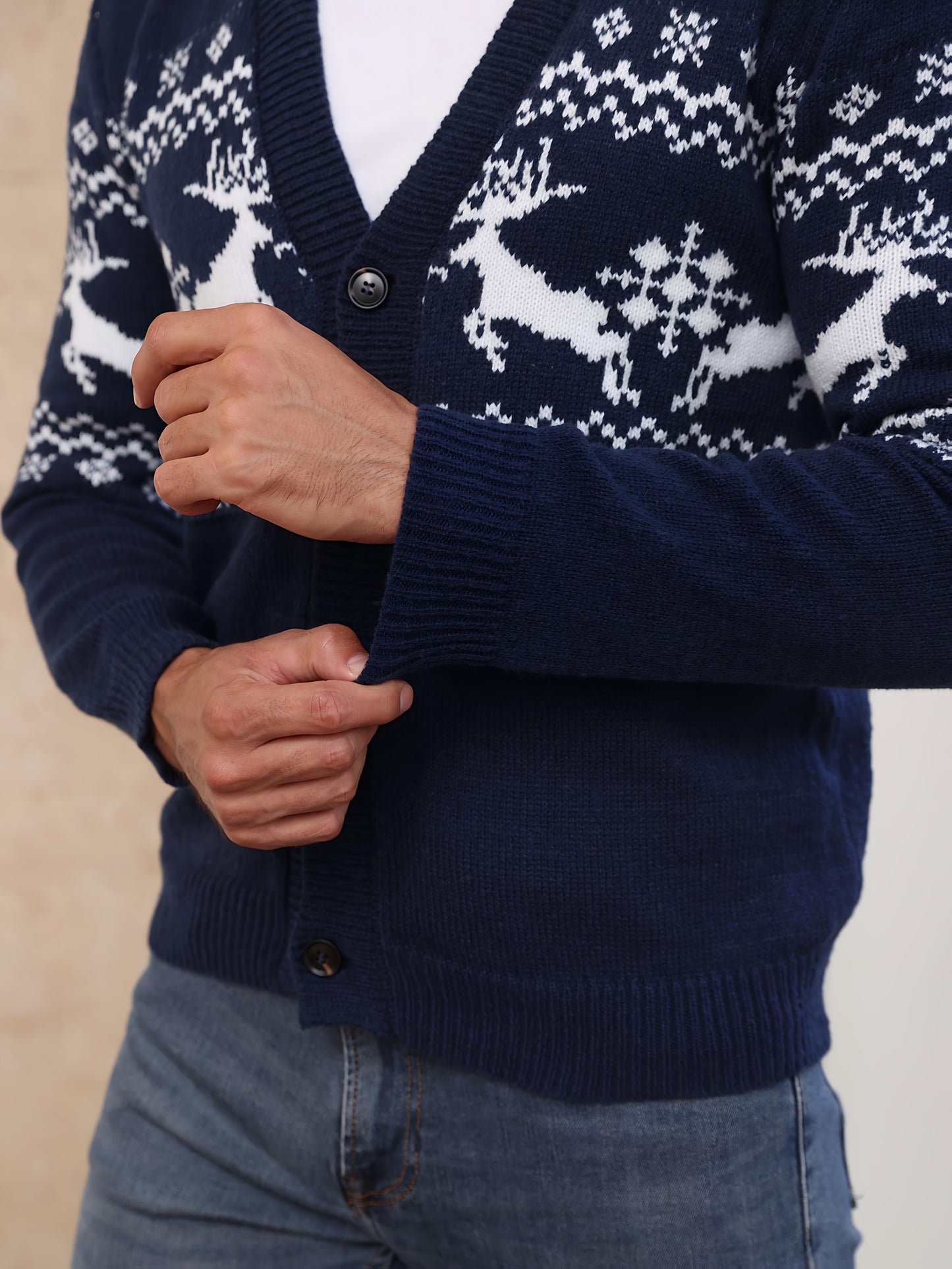 Men's Elegant Winter Sweater - Dark Brown/Black/Blue/Gray/ Navy Blue/ - Button-Up Knit Sweater with Deer & Snowflake Patterns, Long Sleeve Casual Formal Christmas Party Outfits - Spring/Fall Sweater for Everyday or Formal Eve