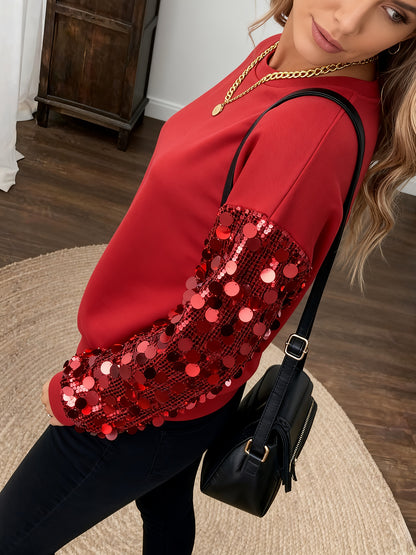 Women'S Elegant Red Sequin-Embellished Sweater - Sparkling Long Sleeve T-Shirt with Drop Shoulder Lantern Sleeves, Soft Stretchy Fabric, Perfect For Fall/winter Fashion, Winter Clothing | Sparkling Embellishments | Constructi