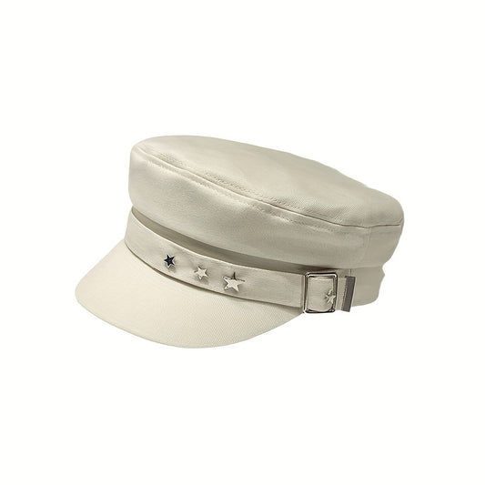 Star Button Newsboy Hat, Y2K Retro Military Hat, Women's Solid Color Newsboy Octagonal Caps Navy Hats