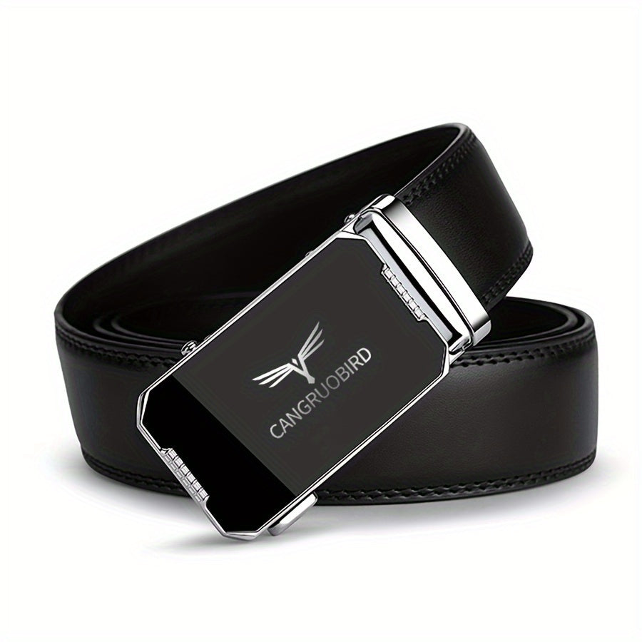 1pc Men'S Adjustable Automatic Buckle Belt - Sleek Black Faux Leather, Alloy Buckle, Stylish for Business & Casual Attire