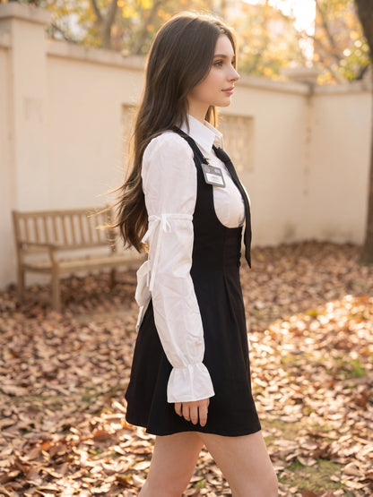 Cute Academic Style Uniform Set with Puff Sleeve Shirt & Suspender Ski