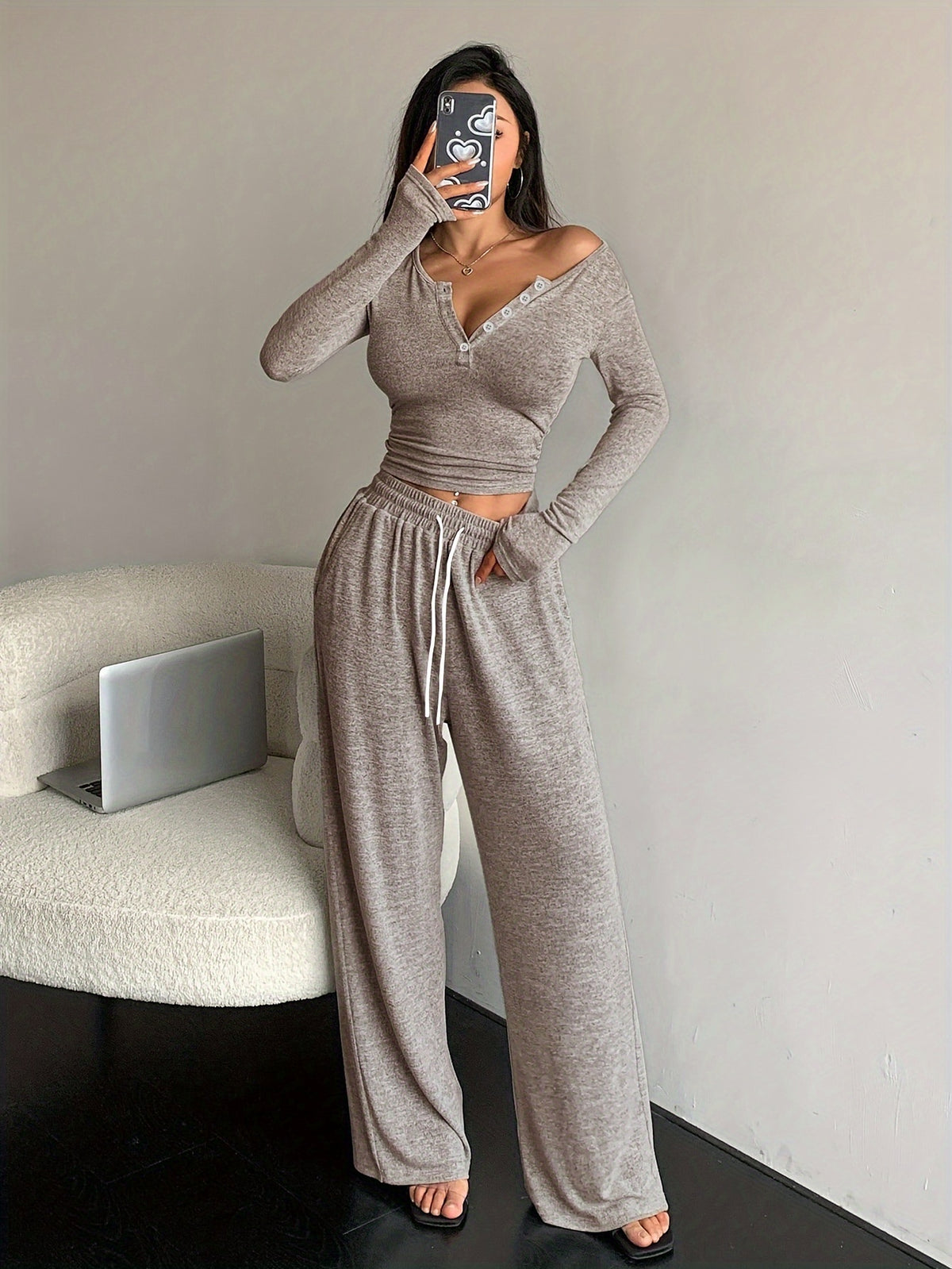 Elegant Fall/Winter Slim-Fit Cropped Top & Wide-Leg Pants Set - ayq