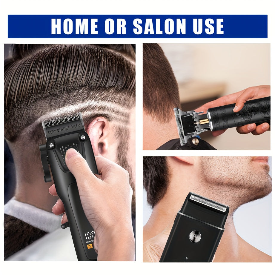 3pcs Men'S Professional Hair & Beard Grooming Kit - Cordless Clippers with LED Display, Precision Trimmer Set, USB Rechargeable, for Home Use, Perfect Holiday Gift - ayq