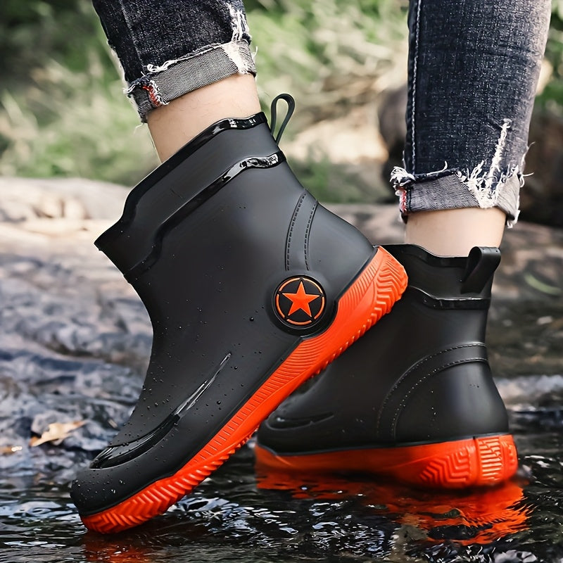 Men's Slip-On Rubber Rain Boots with Thick Sole - Mid-Calf