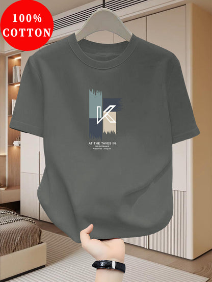 Men's Heavyweight 100% Cotton T-Shirt - Beige Crew Neck Tee, Breathable Summer Shirt for Everyday  Formal Wear, Soft Everyday Essential, Relaxed Fit, Stylish Lettering, Premium Quality, Short Sleeve Top, Casual Wardrobe