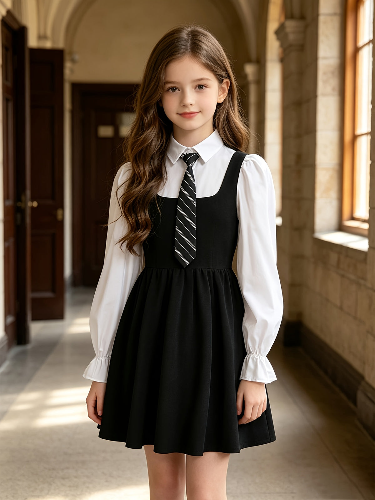 Girls' Elegant Long-Sleeve Midi Dress with Detachable Tie - ayq