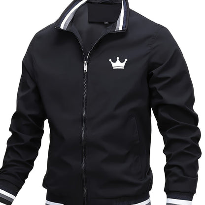 Men's Lightweight Jacket - Mustard-Yellow with Black Print Stripes, Zipper Closure & Structured Fit for Urban Streetwear, Formal Events - Spring/Fall Outerwear Coat, Spring Outerwear, Striped Detail Jacket, Nonstretch Materia