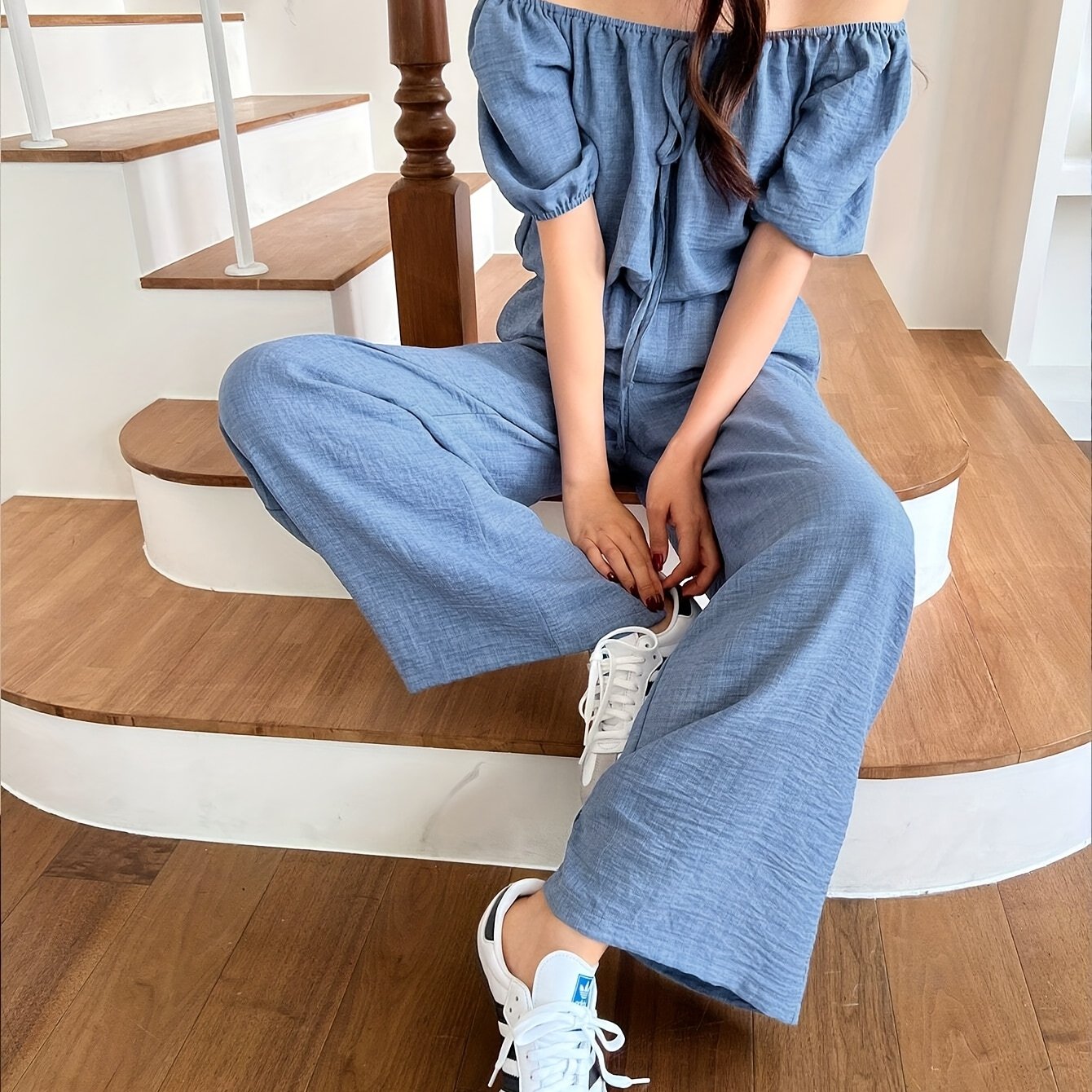 Women's Summer Solid Color Off-Shoulder Puff Sleeve Crop Top and Loose Wide-Leg Pants Two-Piece Set - ayq