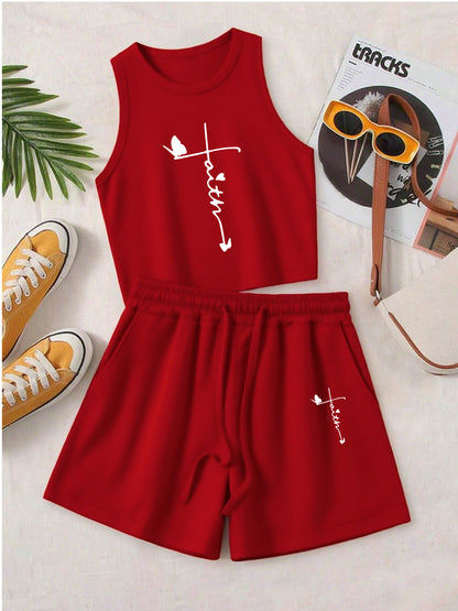 Women's Casual Printed Sleeveless Vest and Loose Shorts Set