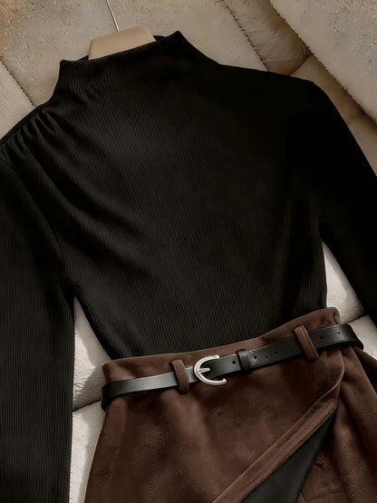 Women’s Elegant Two-Piece Set: Ribbed Sweater & Faux Suede Skirt