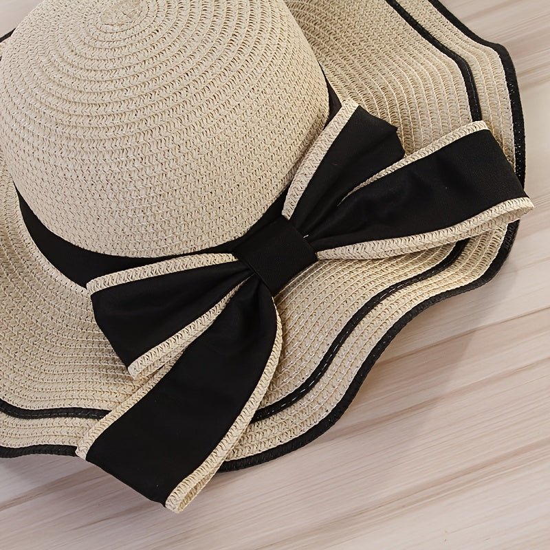 Women’s Summer Wide-Brim Straw Hat with Ruffles & Bow