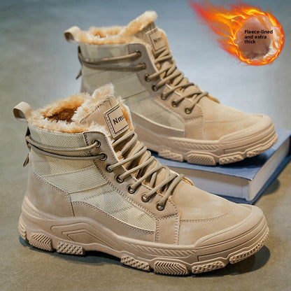 Men's High-Top Winter Boots with -Like Collar & - Heavy-Duty PU Upper, PVC Sole, Beige/Tan Lace-Up Snow Boots for Ice, Slush,, Outdoor (Warm Cold Weather Footwear)
