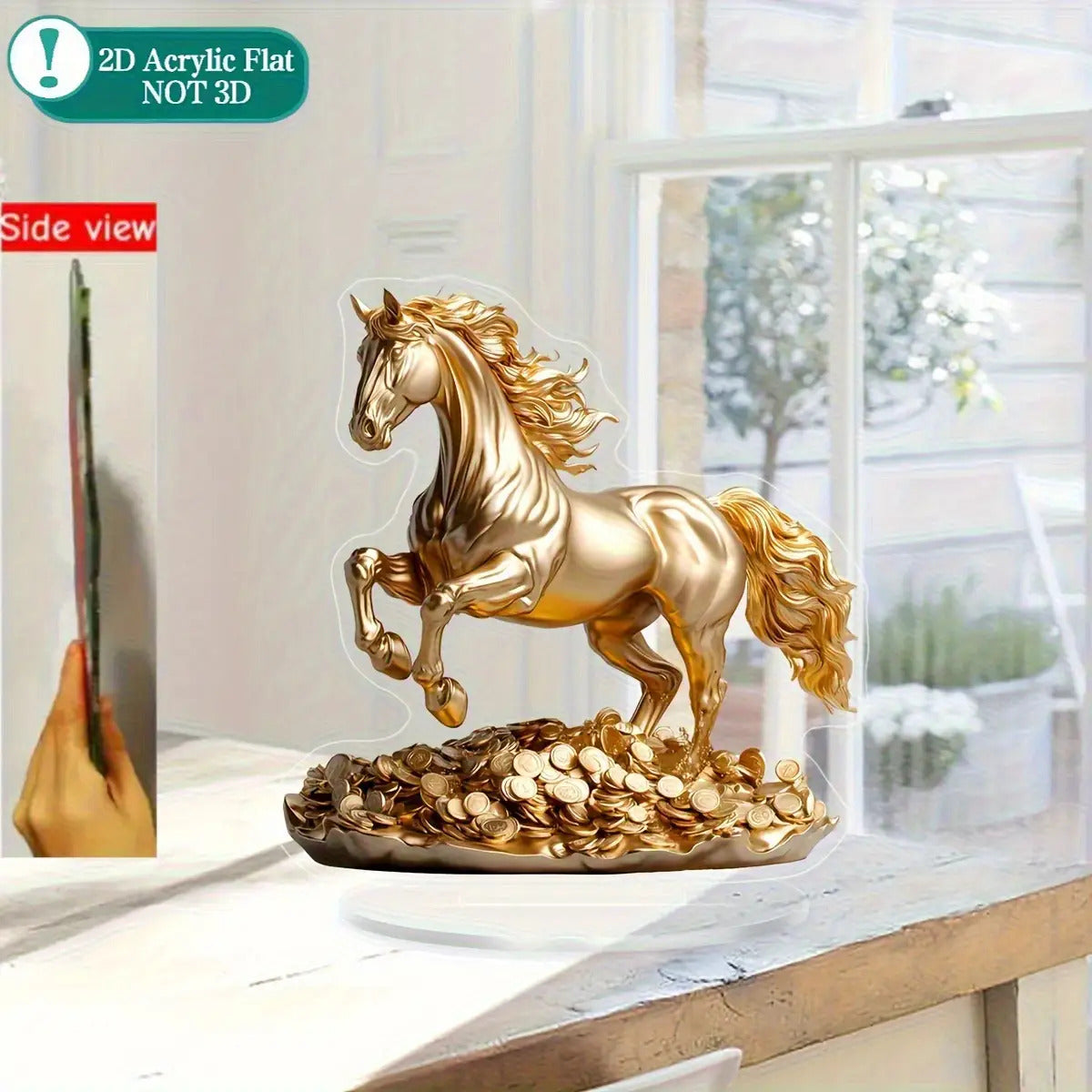 2D Flat, 1pc 2D Flat Acrylic Golden Horse Ornament - Elegant Desktop Decoration, Luxurious Golden Plating with Exquisite Mane Details and Coin Base, Suitable for Home, Office, Wedding, Christmas - Animal Theme Decor, No Assem