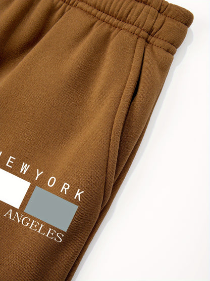 2pcs Boys' Oversized Hooded Sweatsuit & Jogger Pants Set with Letter Print - Beige & Brown Casual Winter Outfits, Thick Warm Fabric, Machine Washable, Pockets, Elastic Waist & Cuffed Hem for Play & Casual Attire - Ideal for L