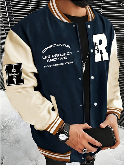 Men's Fashionable R-Letter Patchwork Casual Street Style Baseball Jacket - Polyester, Maroon & Black with White Stripes, Button Closure, with Pockets