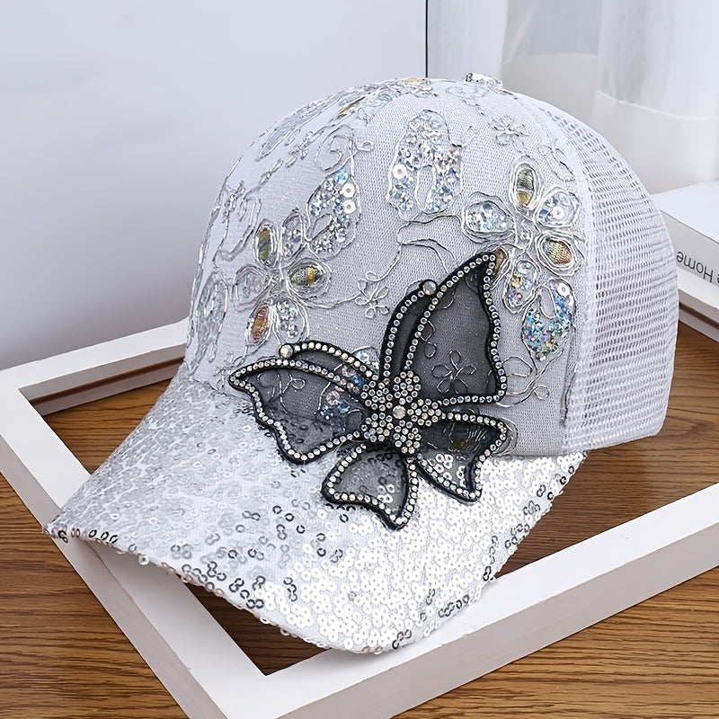 Women's Adjustable Breathable Baseball Cap with Sequin Butterfly