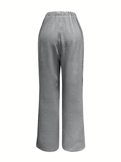 Women's Casual Straight Leg Polyester Trousers with Ruffle Detail