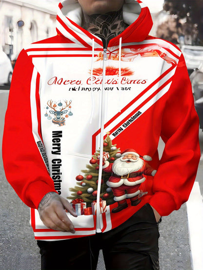 Men's Christmas Zip Hooded Sweatshirt with Santa & Tree 3D Print - Full-Zip Front Jacket, Loose Fit Winter Sweater for Holiday Travel & Casual Wear, Machine Washable Coat for Gifts and Party Outfits