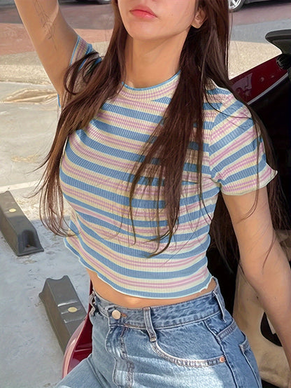 Women's Ribbed Striped Short Sleeve Round Neck Striped T-Shirt