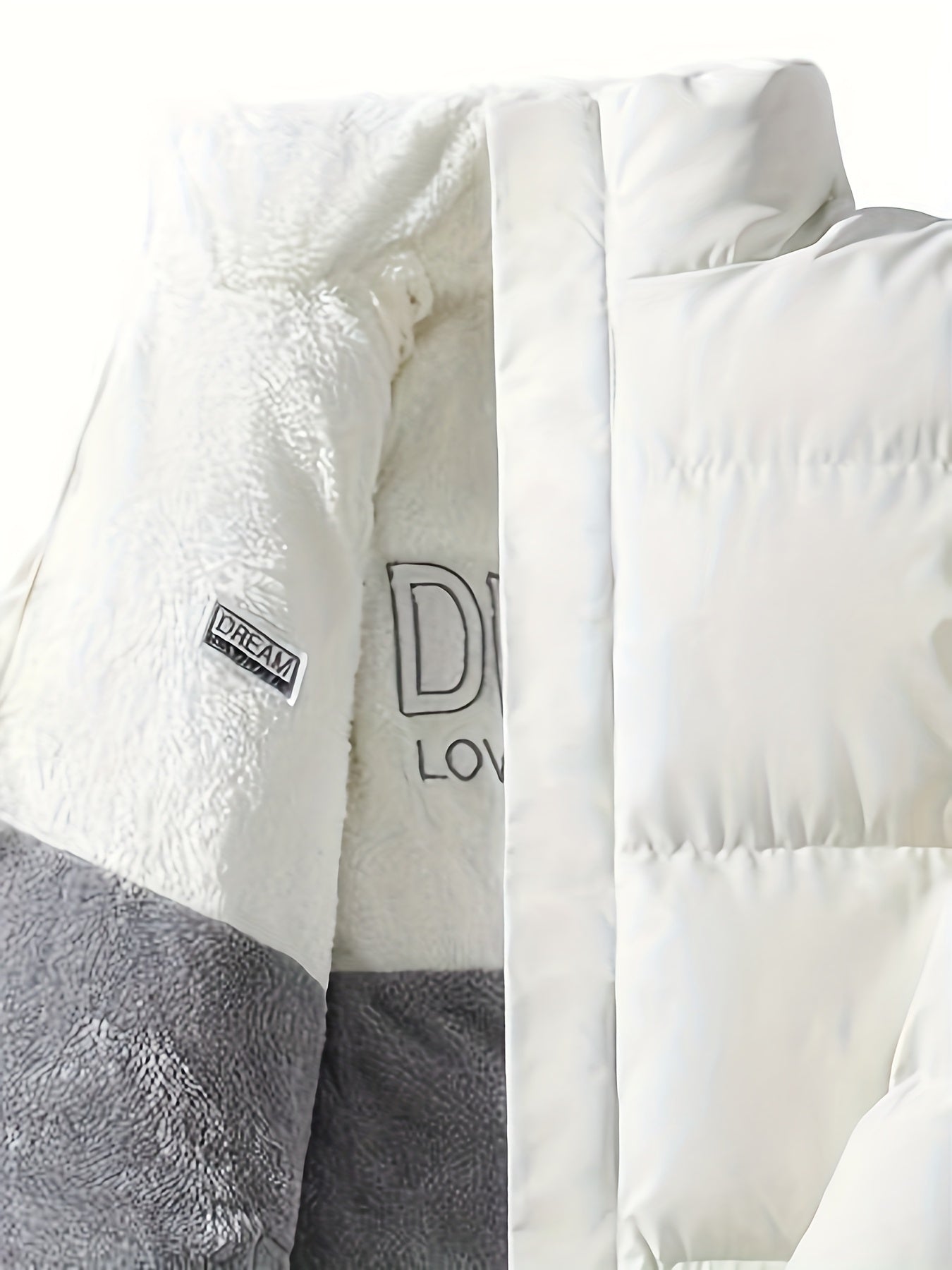 Տղամարդու երկկողմանի բրդյա ծածկույթով հաստ բաճկոն՝ առօրյա կանգնած օձիքով՝ տառերի տպագրությամբ, սովորական չափսերով, գրպաններով, պոլիեսթերային լցոնով, բազմակողմանի աշուն/ձմեռ համար, ձմեռային բաճկոն