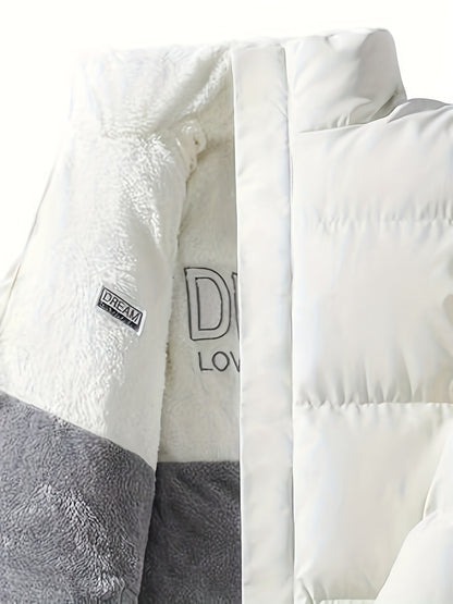 Տղամարդու երկկողմանի բրդյա ծածկույթով հաստ բաճկոն՝ առօրյա կանգնած օձիքով՝ տառերի տպագրությամբ, սովորական չափսերով, գրպաններով, պոլիեսթերային լցոնով, բազմակողմանի աշուն/ձմեռ համար, ձմեռային բաճկոն