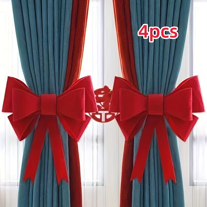 4pcs Elegant Red Bow Curtain Tiebacks - Perfect for Christmas and New Year Decorations, Ideal Gift for Holiday Celebrations, Festive Bow Design, Polyester Material, Festive Window Treatment|Elegant Bow Design|Polyester Bow Ti