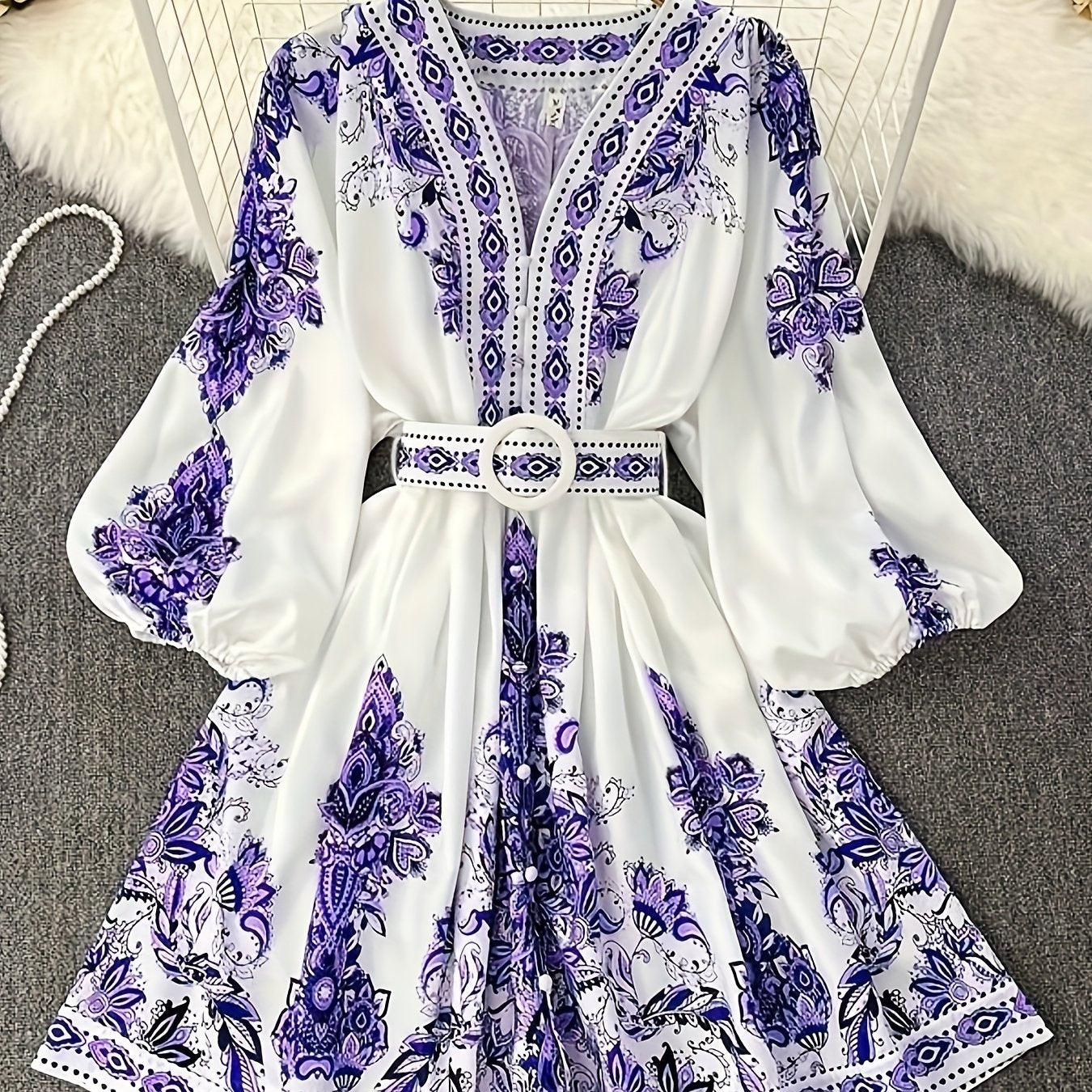 Holiday Cheer] Women's Bohemian Floral Print Half-Sleeve Midi Dress with Belt - V-Neck, Lightweight Polyester, Perfect for Summer Vacations, Casual Summer Wear|Print Casual Dress|Lightweight Dress, Holiday Dress