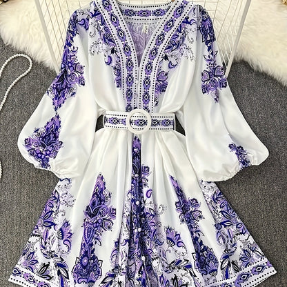 Holiday Cheer] Women's Bohemian Floral Print Half-Sleeve Midi Dress with Belt - V-Neck, Lightweight Polyester, Perfect for Summer Vacations, Casual Summer Wear|Print Casual Dress|Lightweight Dress, Holiday Dress