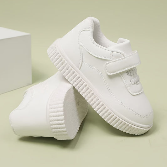 1 Pair Kids White Sneakers - All-Season Lightweight Sports Shoes with Bullock Detail, Casual Minimalist Style, Solid Color, Fabric Upper, TPU Sole, Round Toe, Fastener for Boys and Girls 14 and Under