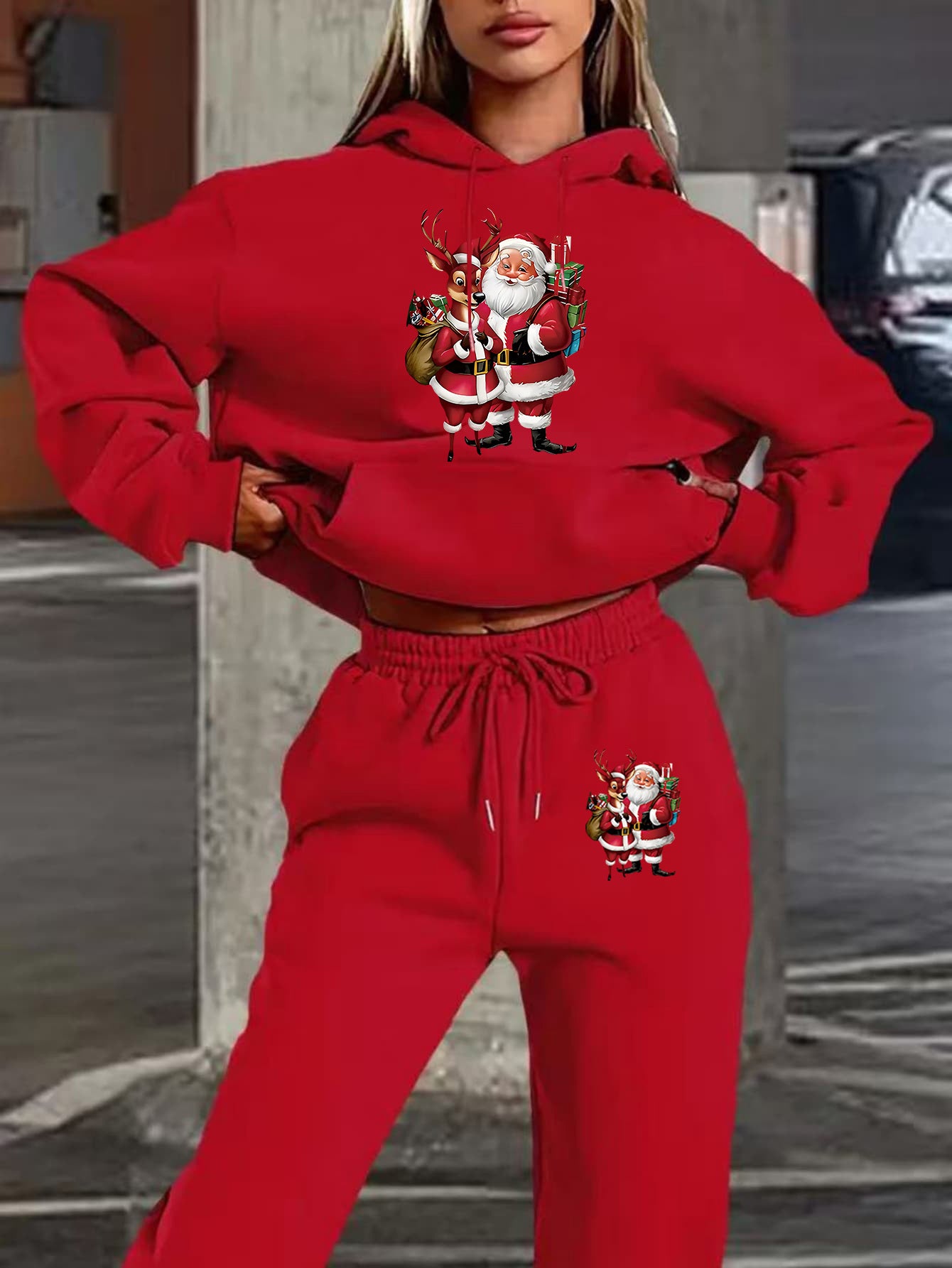 Women's winter clothing Santa Claus printed Women's velvet hooded sweater set