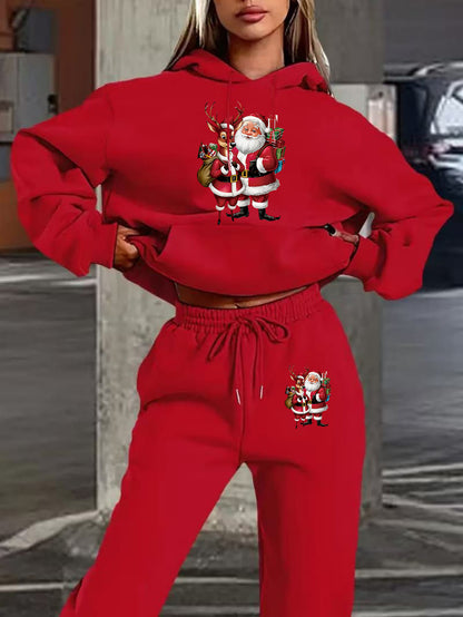 Women's winter clothing Santa Claus printed Women's velvet hooded sweater set