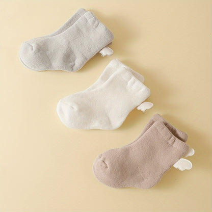 3 Pairs Cozy Terrycloth Cartoon Youngsters Socks - Thick Mid-Calf, Candy Colors (White, Pink, Light Gray), Soft & Warm for Autumn/Winter, Hand Wash Only, Youngsters Socks