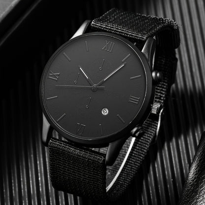 Middle East, Ramadan Men Watch 1pcs Men's Black Nylon Strap Casual Industrial Style Round Dial Calendar Pointer Quartz Watch And 3pcs Bracelets Watch for Men Suitable for Men Party Birthday Wear Or As Brother The Best Gift fo