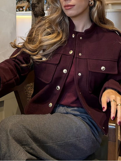 Կանացի բորդո կարմիր բաճկոն՝ ոսկեգույն կոճակներով փակմամբ - կառուցվածքային օձիք և կարված չափսի ամենօրյա վերարկու՝ աշնանային, գրասենյակային, կիսապաշտոնական միջոցառումների համար - լվացքի մեքենայով լվացվող վերնազգեստ (առանց ձգվելու)