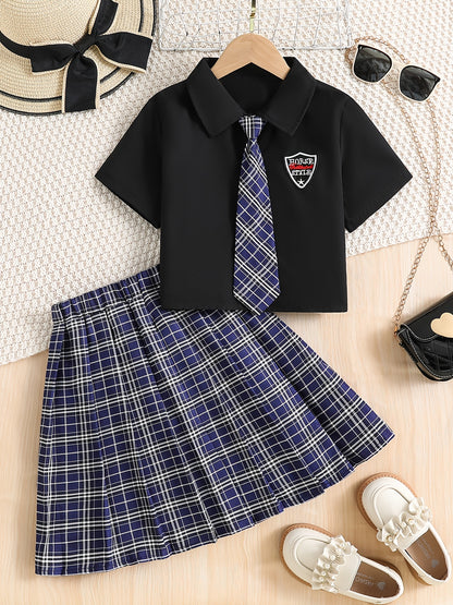 Girls' Preppy Short-Sleeve Shirt & Pleated Skirt Set for Summer