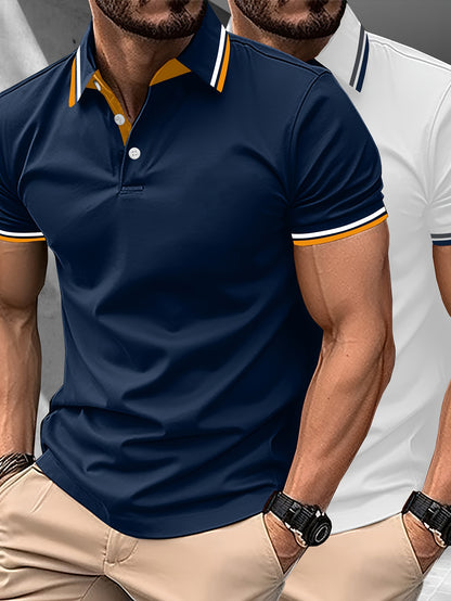 2 հատ տղամարդու կարճաթև վերնաշապիկներ կոնտրաստ օձիքներով - թեթև պոլիեսթեր, պաստել կապույտ և վարդագույն, շրջադարձային օձիքով, կոճակներով փակվող, սովորական, ամենօրյա և գործնական հագուստ, իդեալական ամառային կամ նվերների համար, կարճ թև վերնաշապիկներ