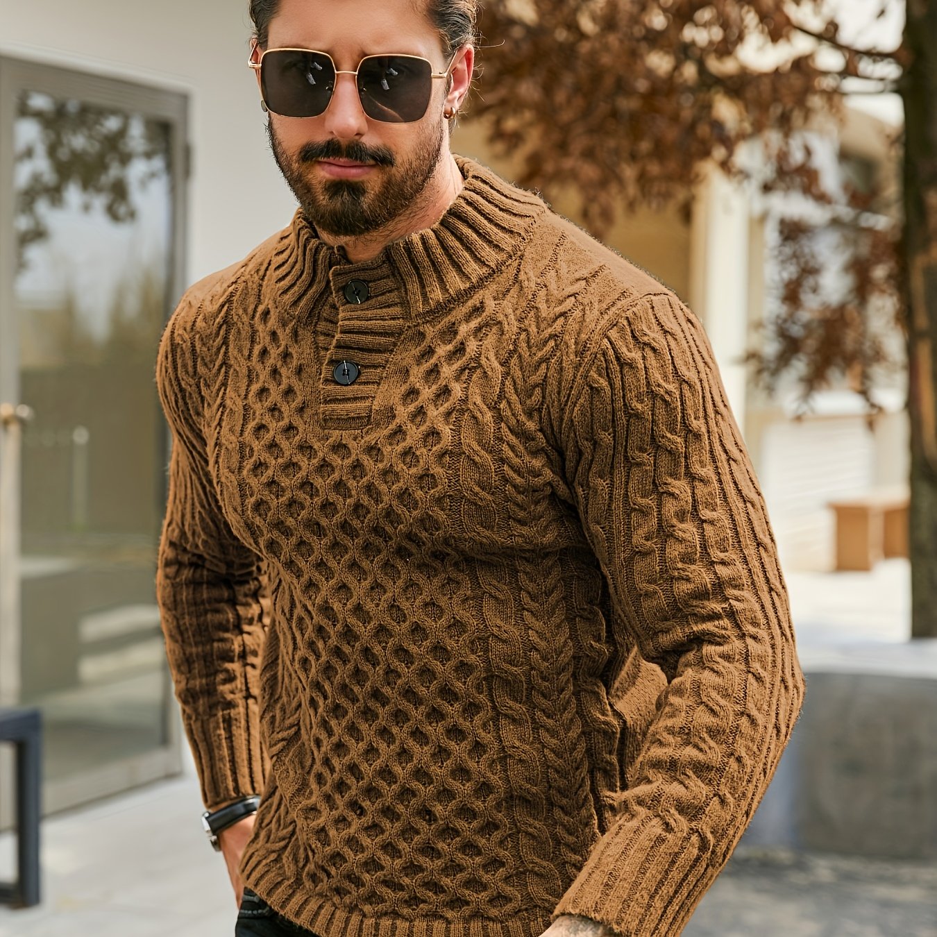 Տղամարդու ջերմային, օձիքով, մալուխով տրիկոտաժե սվիտեր - գծավոր H-աձև, կանոնավոր չափսի սվիտեր, լվացքի մեքենայով լվացվող ձմեռային սվիտեր՝ ակոսավոր դետալներով՝ աշնանային և ձմեռային համար, տրիկոտաժե սվիտեր, միջին առաձգականության գործվածք