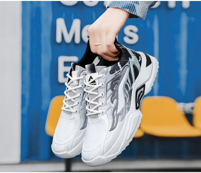 Men's Sneakers - Lightweight Cushioned Platform Sneakers with Lace-Up Closure, Non-Slip PVC Sole - Breathable Gym, Running, Casual Shoes in Grey/Black colorway - for Everyday  Light Hiking, Gym Shoes