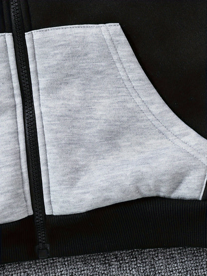 1pc Boys Stylish Color Block Fleece Lining Hooded Jacket, Long Sleeve Zip Up Jacket, Kids Clothes Outdoor
