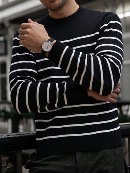 Single-Pack Men's Striped Crewneck Sweater - Classic Casual Striped Knitwear in Black and White, Ultra-Soft Premium Knit Fabric, Suitable for Daily Fashion, Casual and Urban Style