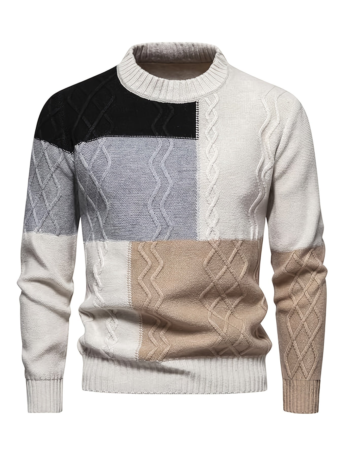 Men'S Fashion Long Sleeve Crew Neck Sweater | Casual Patchwork Knit Pullover, Warm Winter Top for Men, Suitable for Daily & Weekend Casual Wear