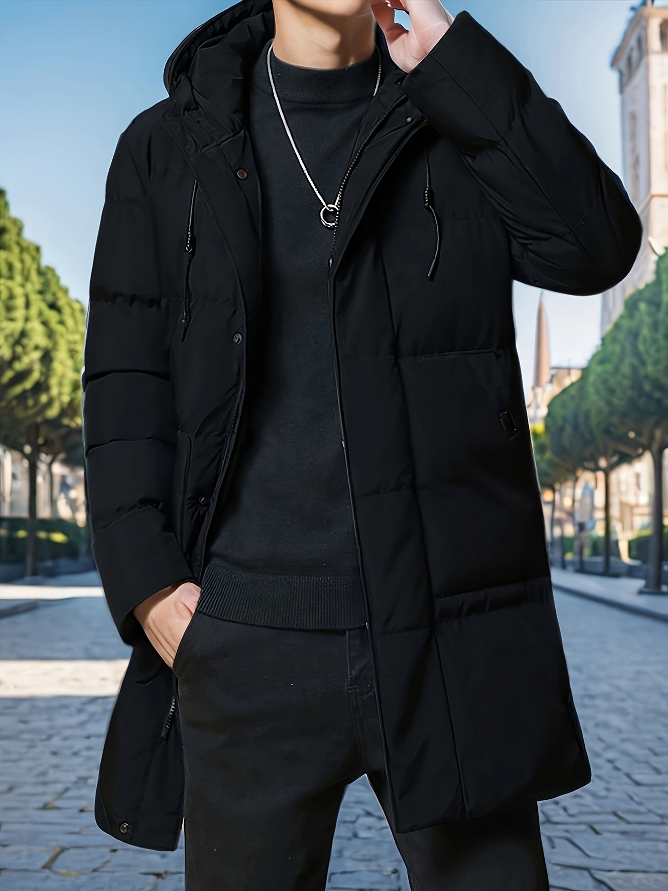 Men's Winter Hooded Padded Jacket, Thickened Loose Fit Solid Color Zip-Up Padded Coat, Warm & Stylish Men's Outerwear