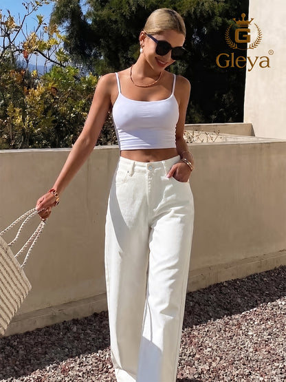 Women’s Straight Fit White Denim Jeans with Pockets, Mid Waist