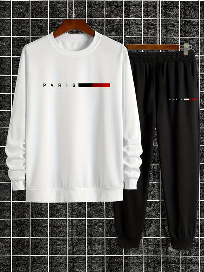 Men's Casual Sports Sweatshirt Set, Loose Fit Pullover Hoodie with Print, Polyester Blend, Round Neck, Stretch Knit, Autumn/Winter Collection
