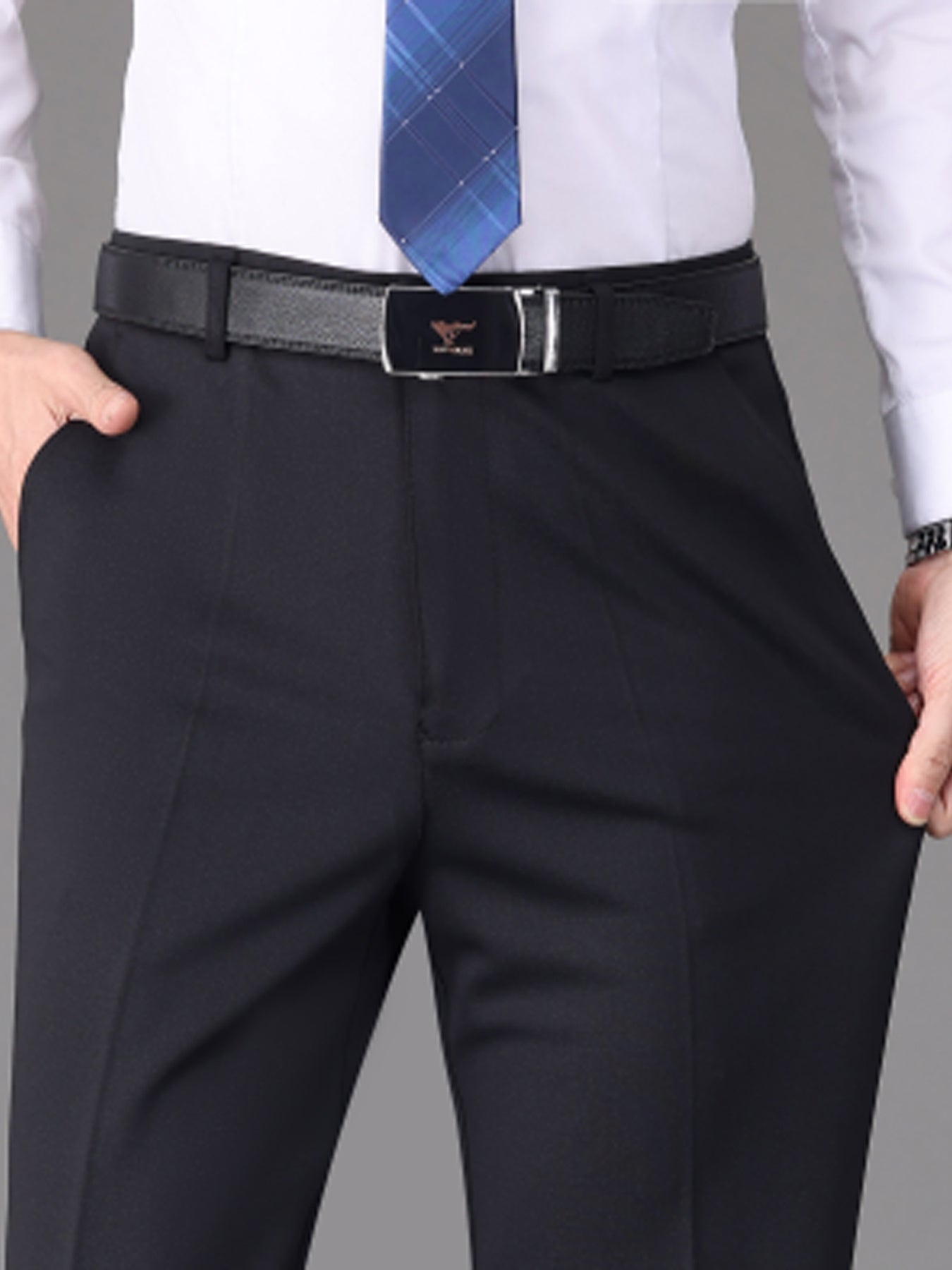 [Lightweight Design] Men's High-Waist Stretch Dress Pants - Wrinkle-Resistant, Dark Blue Business Casual with Pockets, Straight Leg Fit for Spring/Fall